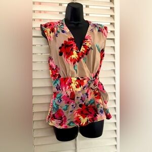 tibi Colorful Floral Silk Wrap Blouse Sz M